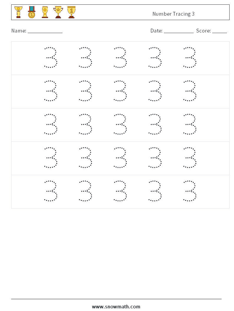 Number Tracing 3 Maths Worksheets 10