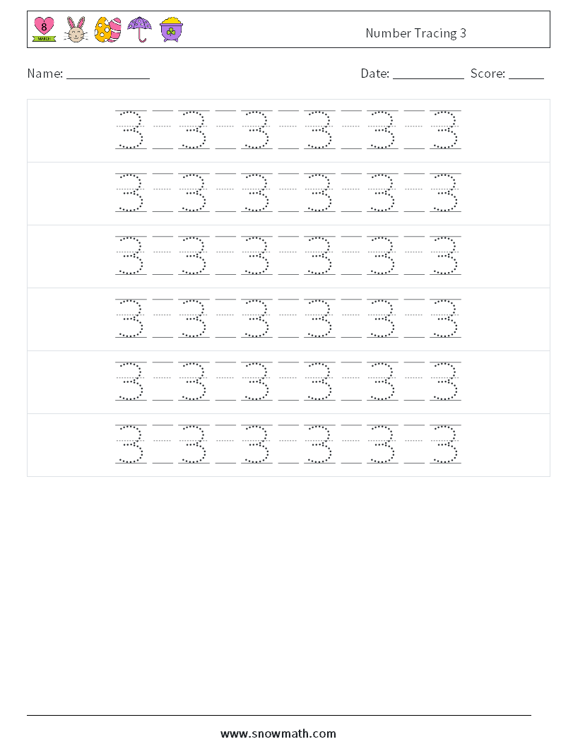 Number Tracing 3 Maths Worksheets 18