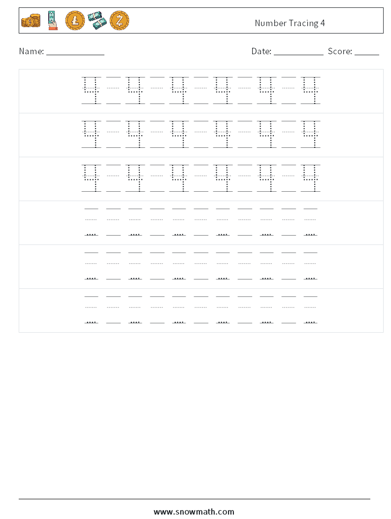 Number Tracing 4 Maths Worksheets 20