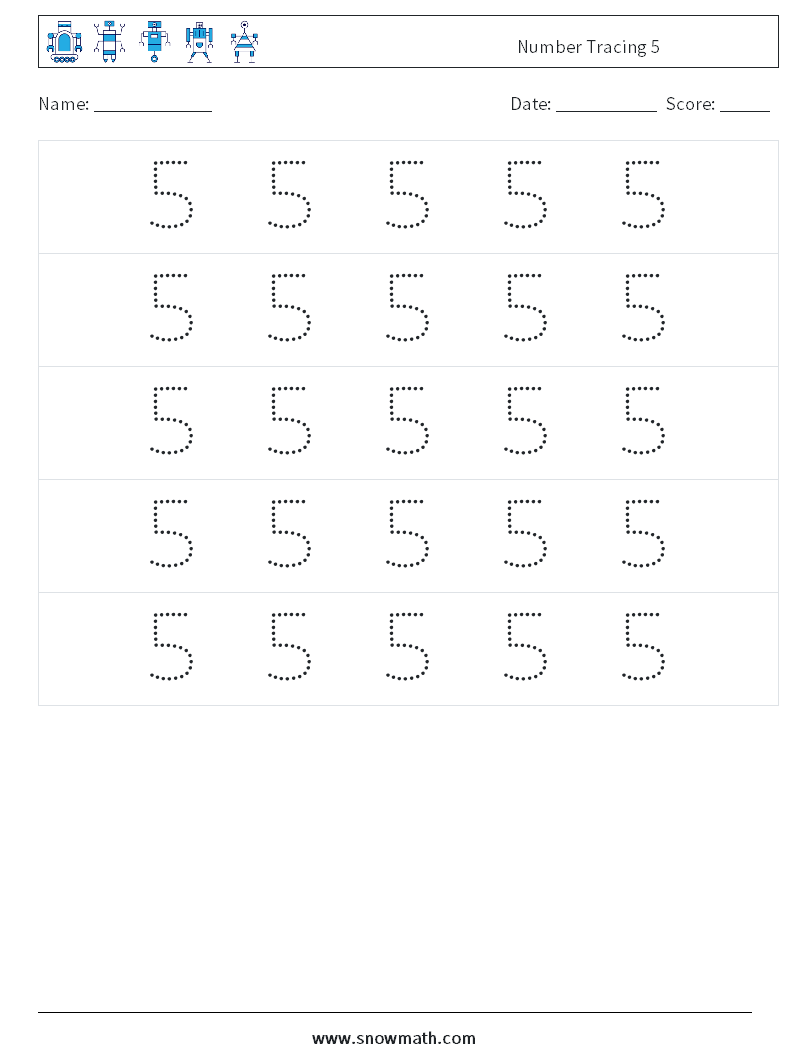 Number Tracing 5 Maths Worksheets 10