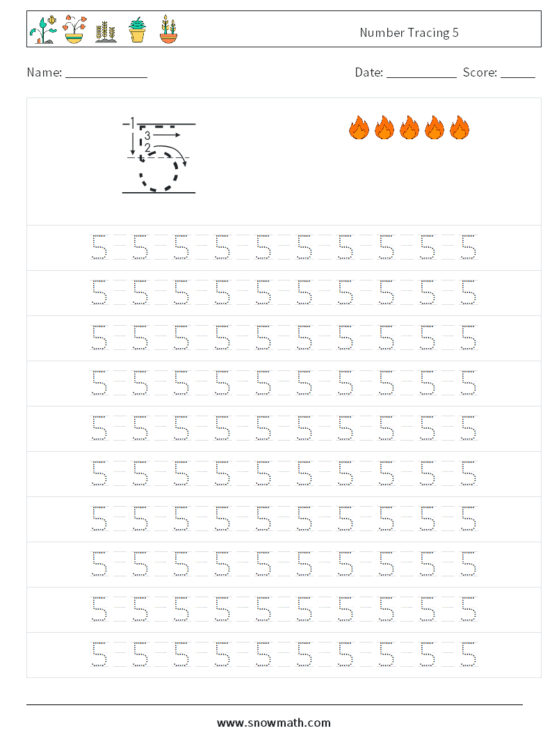 Number Tracing 5 Maths Worksheets 13