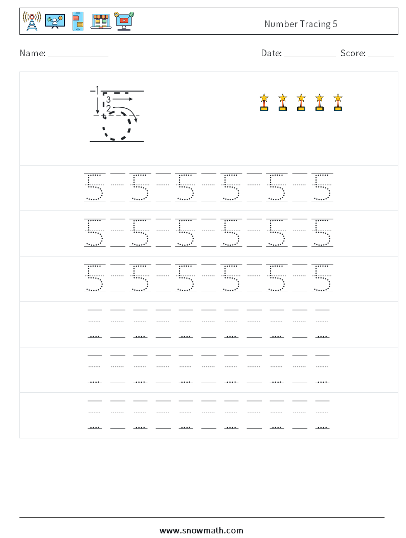 Number Tracing 5 Maths Worksheets 19