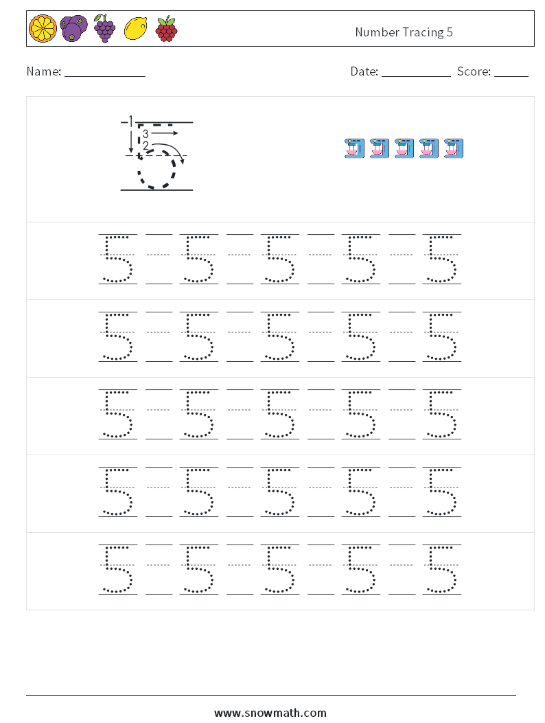 Number Tracing 5 Maths Worksheets 21