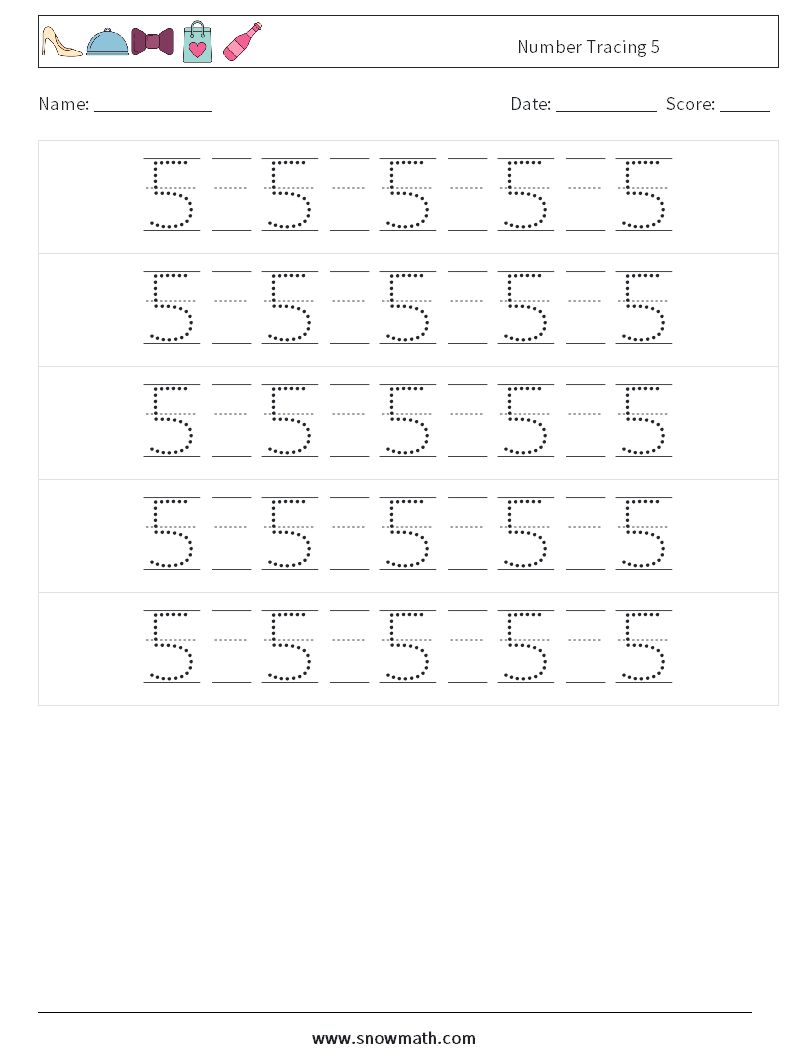 Number Tracing 5 Maths Worksheets 22