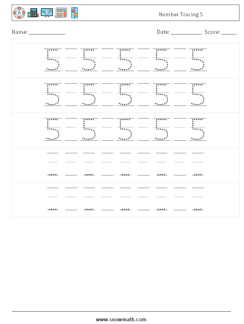 Number Tracing 5 Maths Worksheets 24