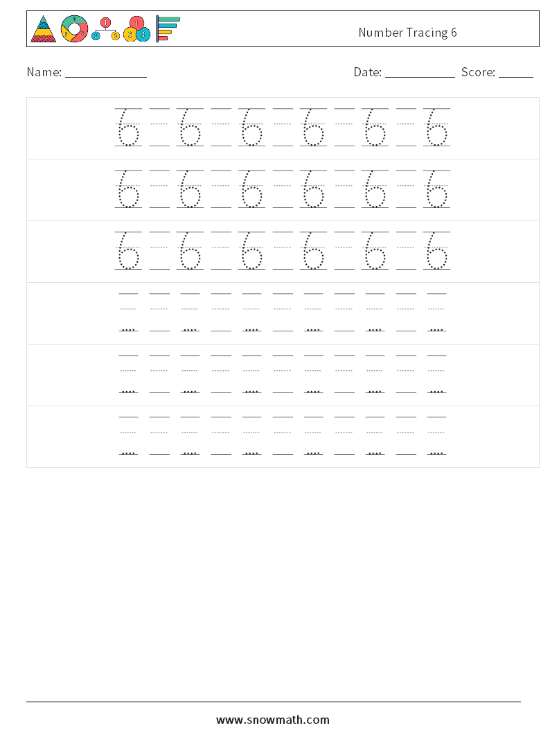 Number Tracing 6 Maths Worksheets 20