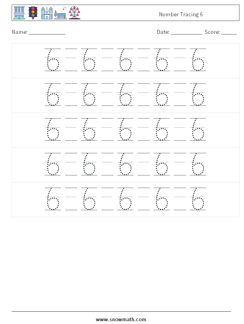 Number Tracing 6 Maths Worksheets 22