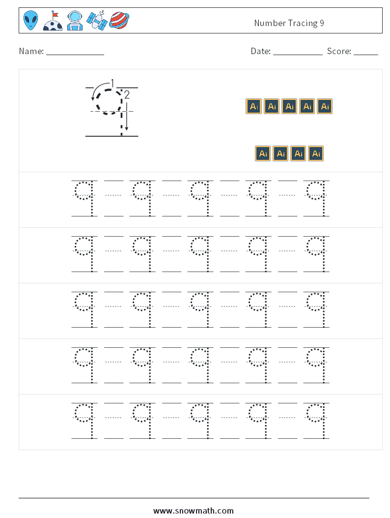 Number Tracing 9 Maths Worksheets 21