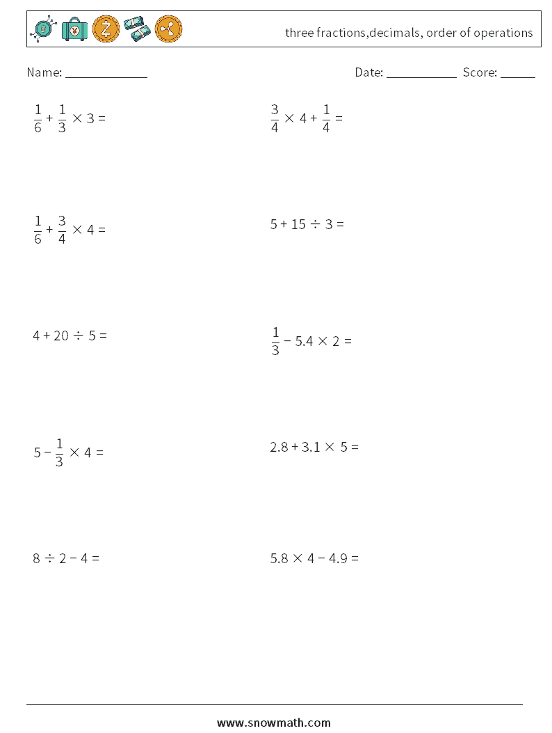 three fractions,decimals, order of operations Maths Worksheets 10