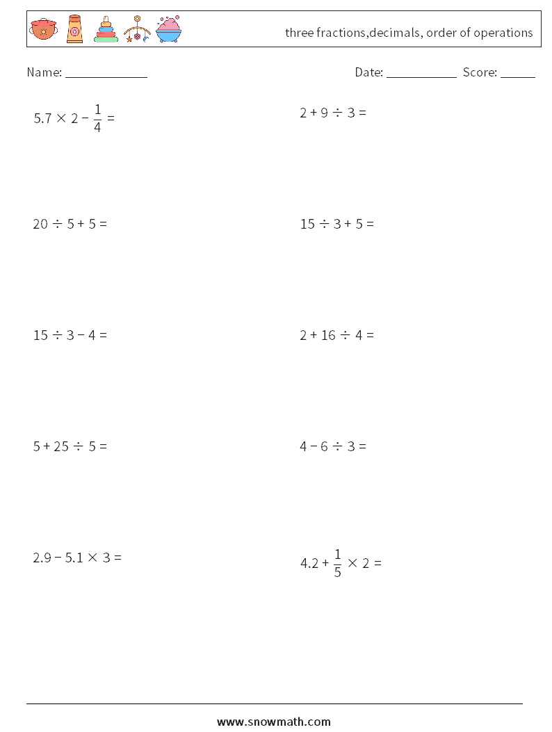 three fractions,decimals, order of operations Maths Worksheets 11
