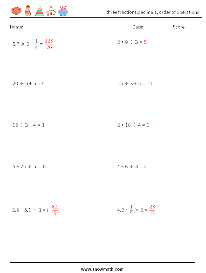 three fractions,decimals, order of operations Maths Worksheets 11 Question, Answer