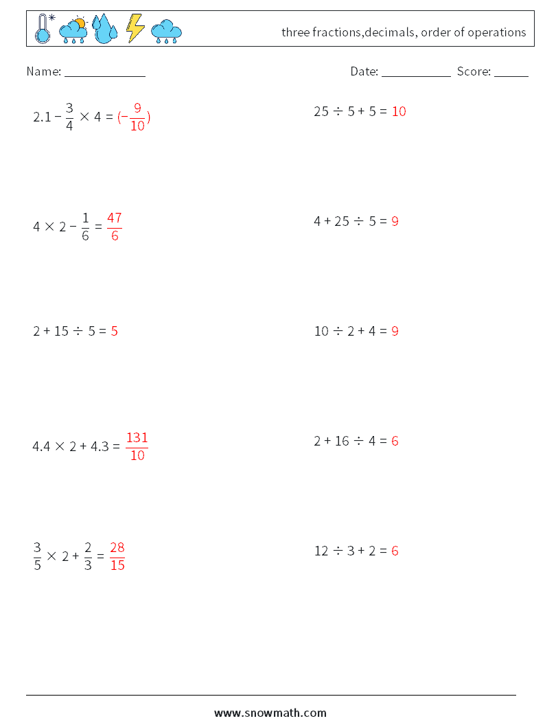 three fractions,decimals, order of operations Maths Worksheets 13 Question, Answer