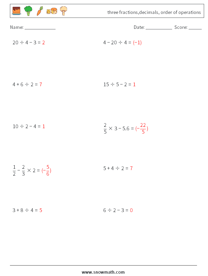 three fractions,decimals, order of operations Maths Worksheets 14 Question, Answer