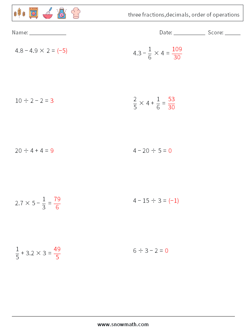 three fractions,decimals, order of operations Maths Worksheets 15 Question, Answer