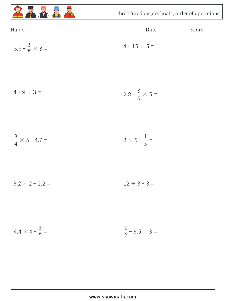 three fractions,decimals, order of operations Maths Worksheets 18