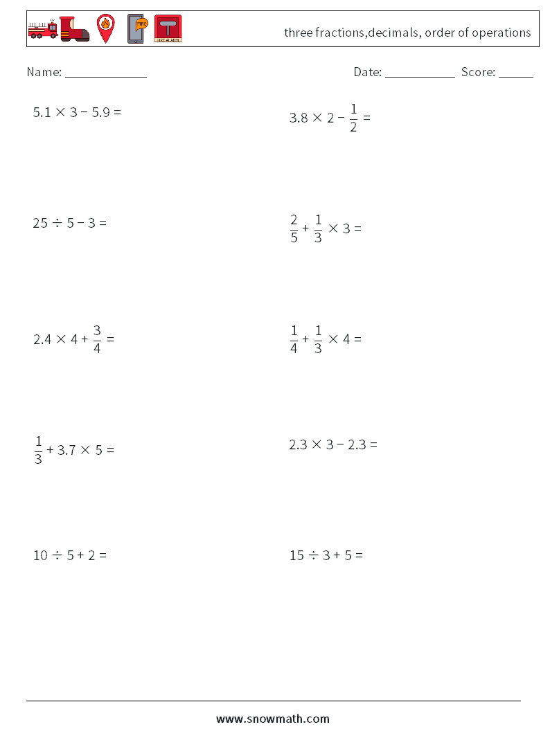 three fractions,decimals, order of operations Maths Worksheets 3