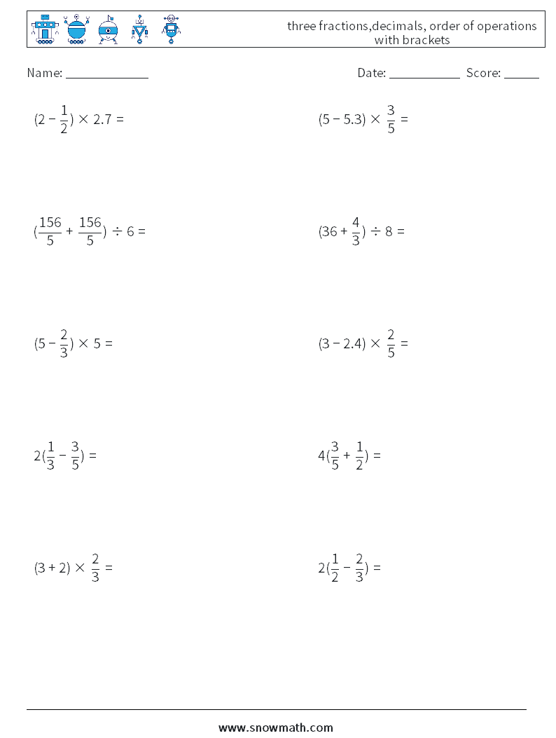 three fractions,decimals, order of operations with brackets Maths Worksheets 1