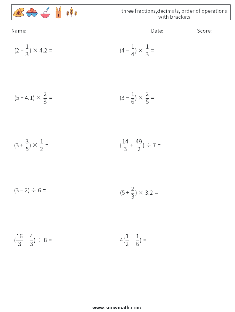 three fractions,decimals, order of operations with brackets Maths Worksheets 10