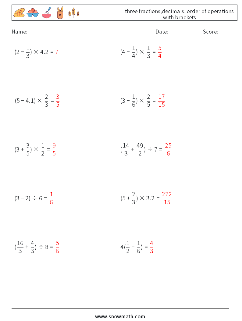 three fractions,decimals, order of operations with brackets Maths Worksheets 10 Question, Answer