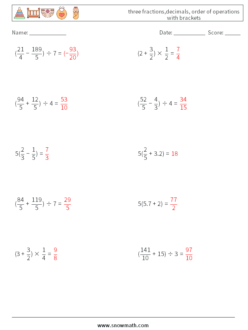 three fractions,decimals, order of operations with brackets Maths Worksheets 11 Question, Answer