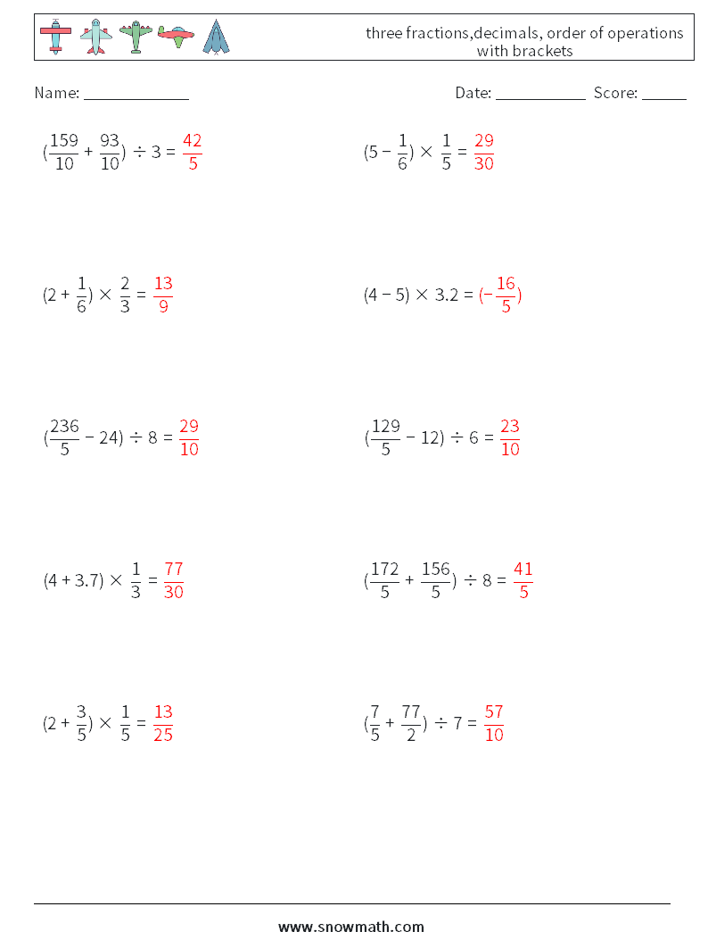 three fractions,decimals, order of operations with brackets Maths Worksheets 12 Question, Answer