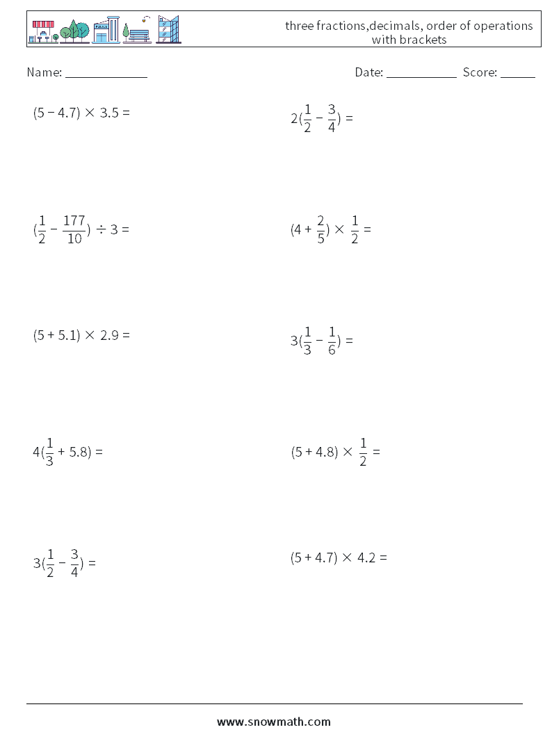 three fractions,decimals, order of operations with brackets Maths Worksheets 13