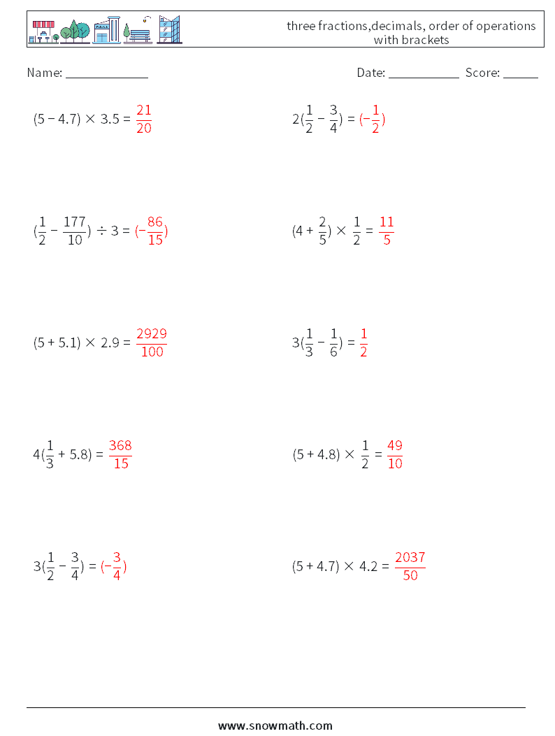 three fractions,decimals, order of operations with brackets Maths Worksheets 13 Question, Answer