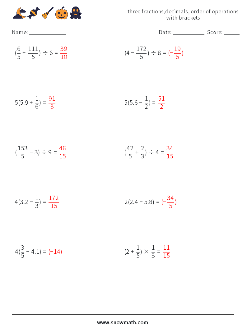 three fractions,decimals, order of operations with brackets Maths Worksheets 14 Question, Answer