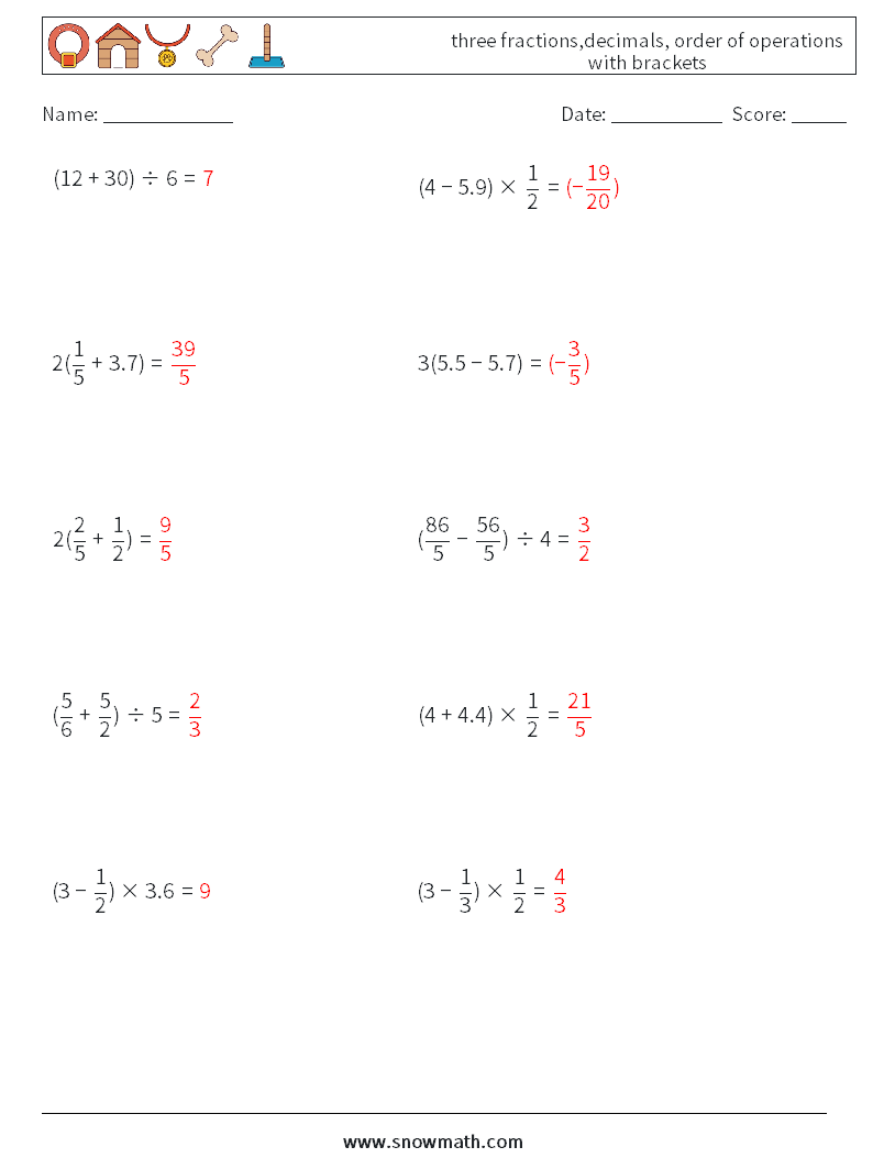 three fractions,decimals, order of operations with brackets Maths Worksheets 15 Question, Answer
