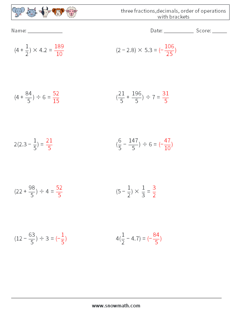 three fractions,decimals, order of operations with brackets Maths Worksheets 16 Question, Answer