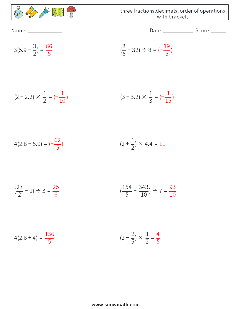 three fractions,decimals, order of operations with brackets Maths Worksheets 17 Question, Answer