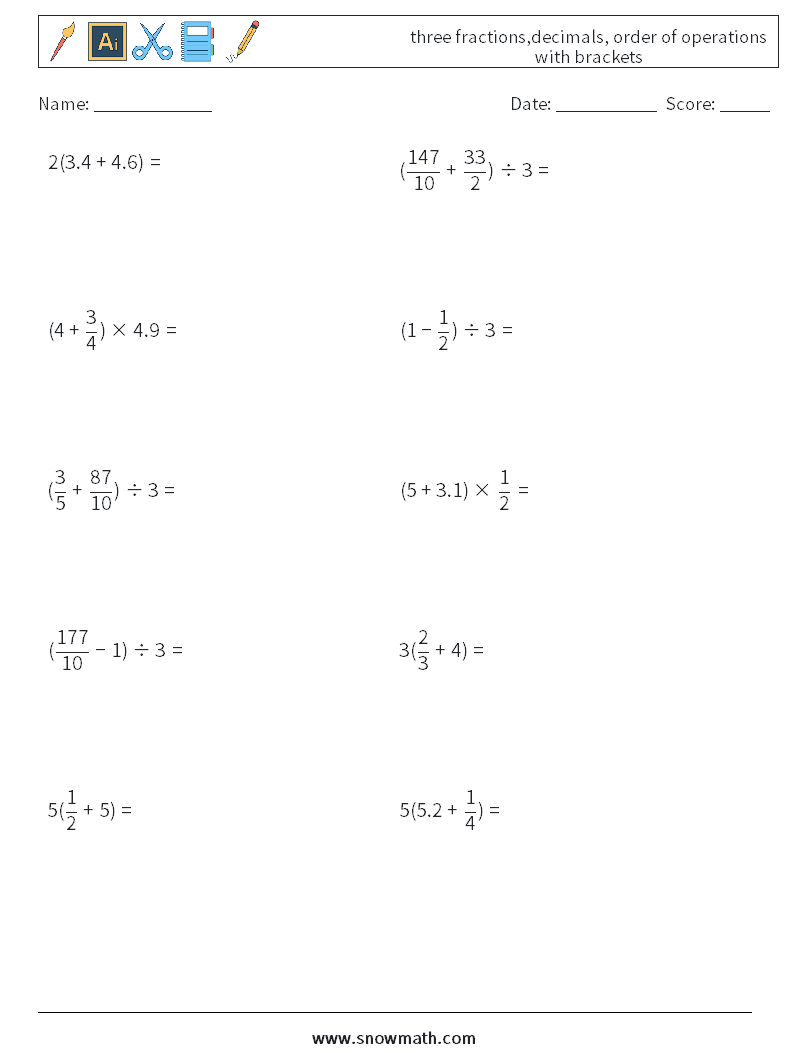 three fractions,decimals, order of operations with brackets Maths Worksheets 18