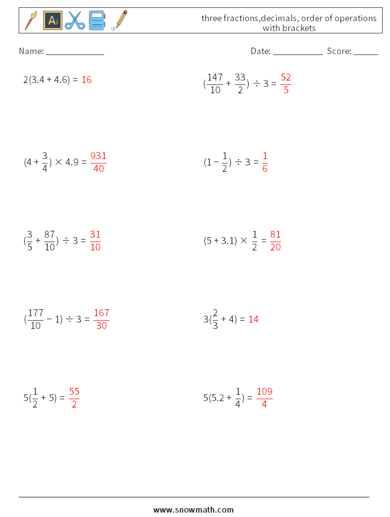three fractions,decimals, order of operations with brackets Maths Worksheets 18 Question, Answer