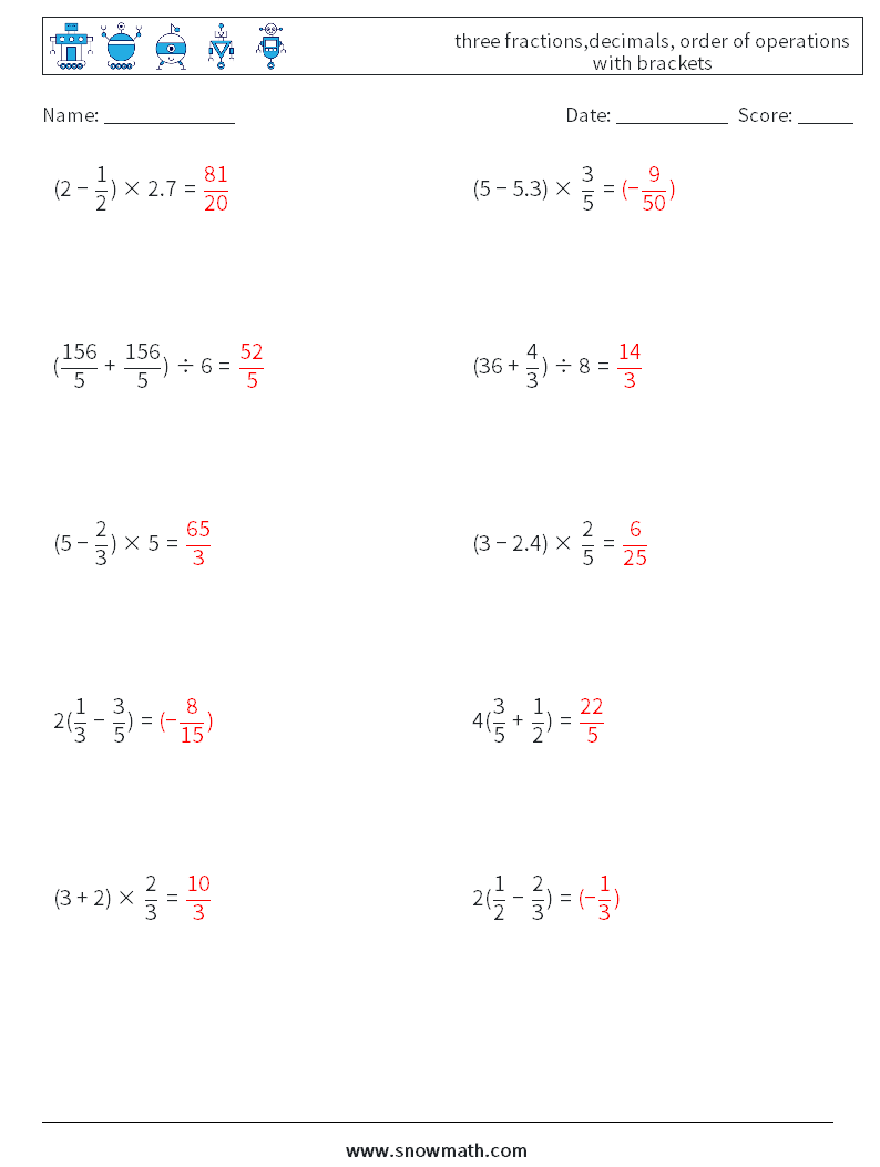 three fractions,decimals, order of operations with brackets Maths Worksheets 1 Question, Answer
