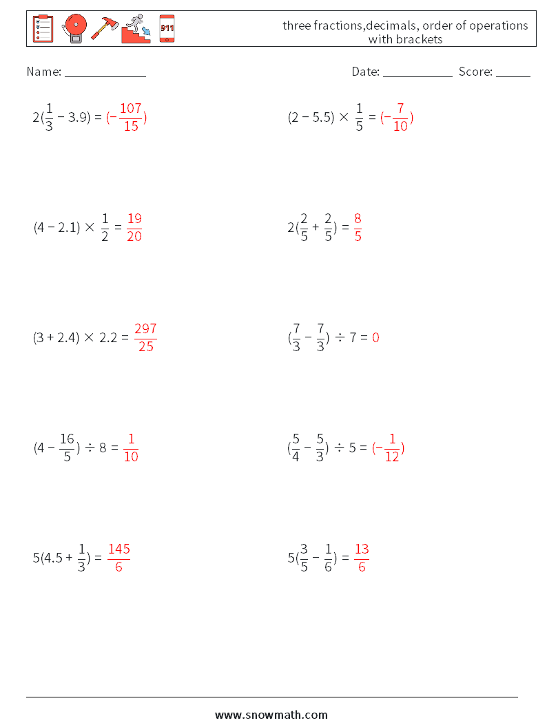three fractions,decimals, order of operations with brackets Maths Worksheets 2 Question, Answer