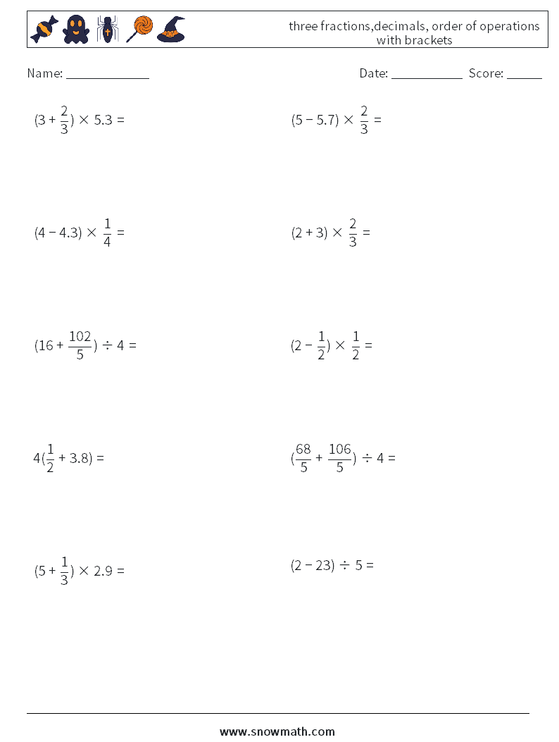 three fractions,decimals, order of operations with brackets Maths Worksheets 3