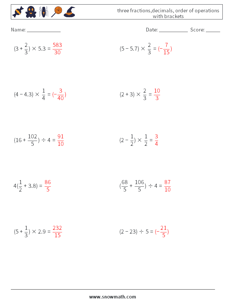 three fractions,decimals, order of operations with brackets Maths Worksheets 3 Question, Answer