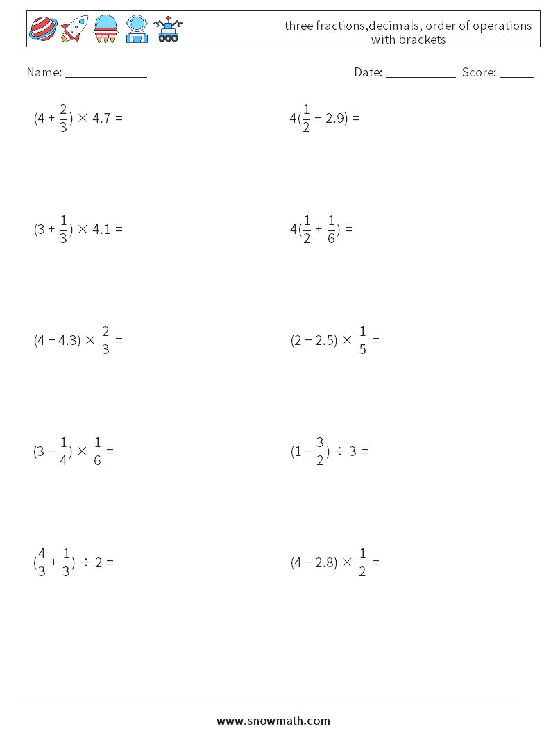 three fractions,decimals, order of operations with brackets Maths Worksheets 4