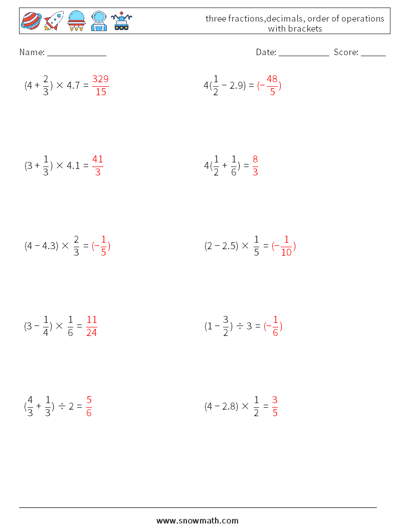 three fractions,decimals, order of operations with brackets Maths Worksheets 4 Question, Answer