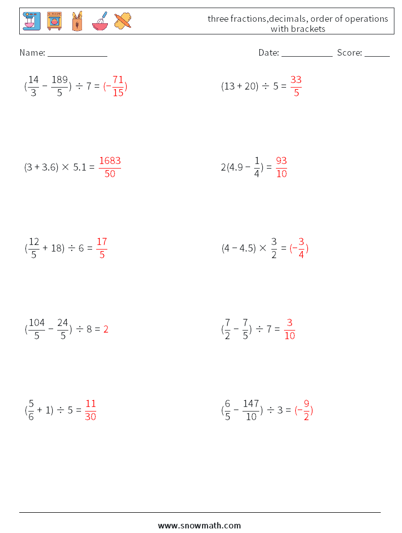 three fractions,decimals, order of operations with brackets Maths Worksheets 5 Question, Answer
