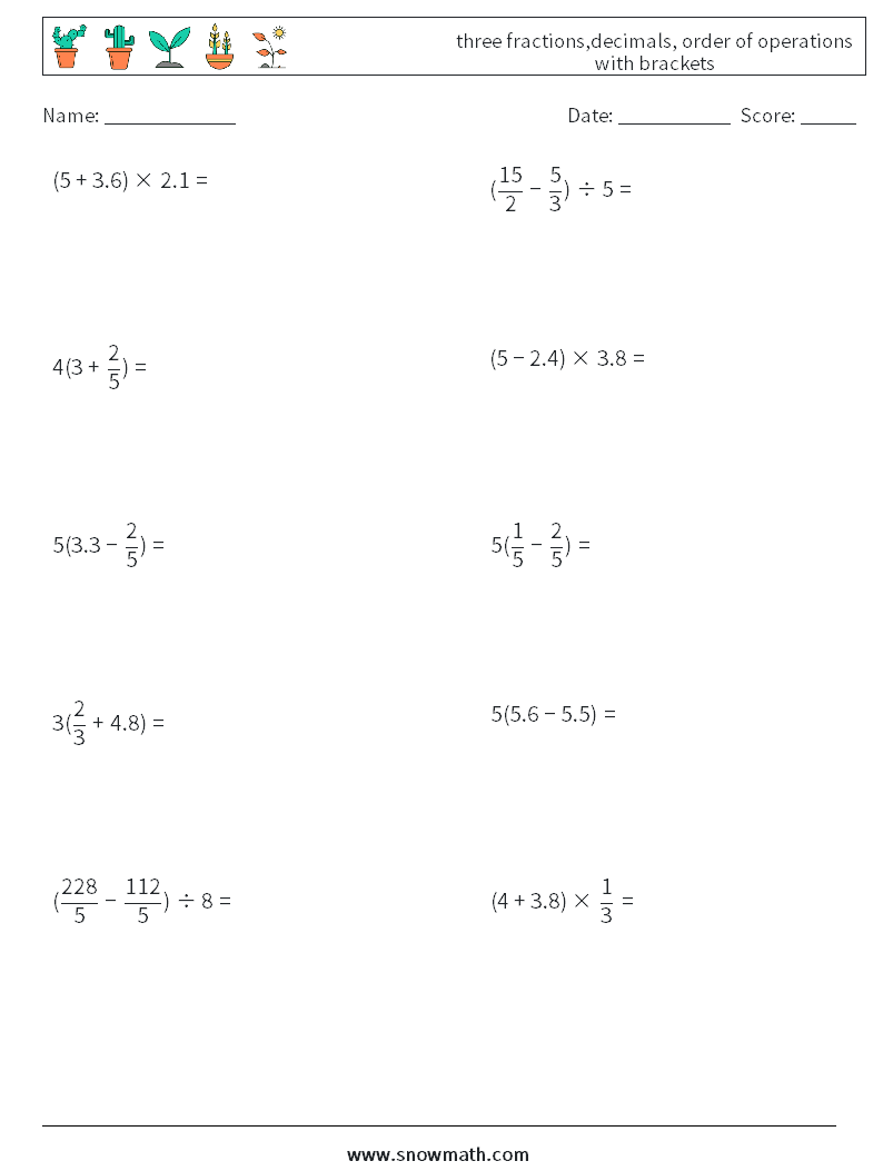 three fractions,decimals, order of operations with brackets Maths Worksheets 6