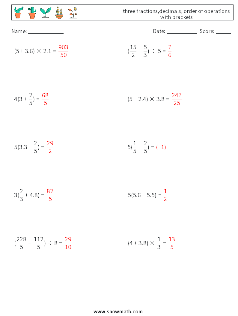 three fractions,decimals, order of operations with brackets Maths Worksheets 6 Question, Answer