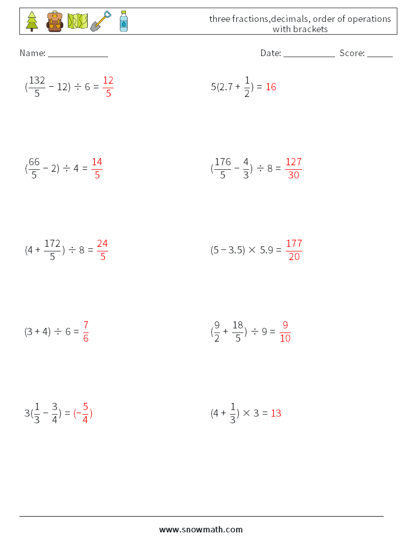 three fractions,decimals, order of operations with brackets Maths Worksheets 7 Question, Answer