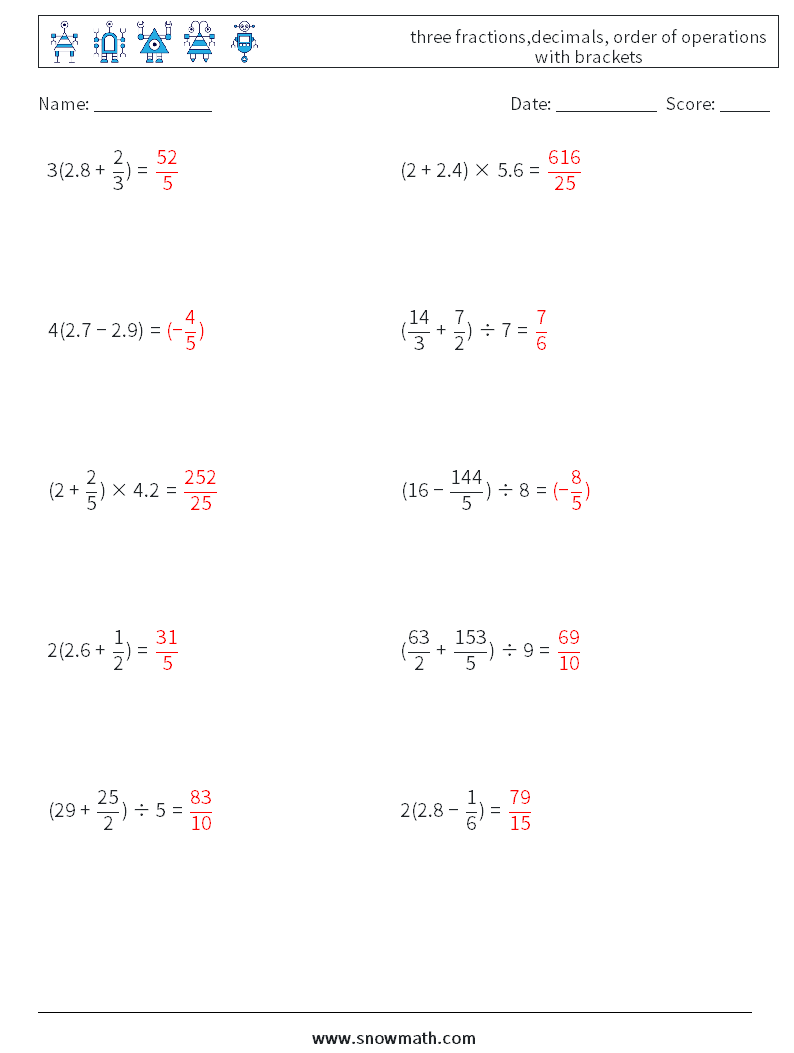 three fractions,decimals, order of operations with brackets Maths Worksheets 8 Question, Answer