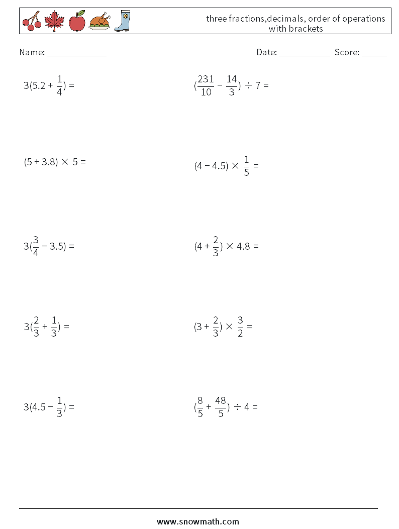 three fractions,decimals, order of operations with brackets Maths Worksheets 9