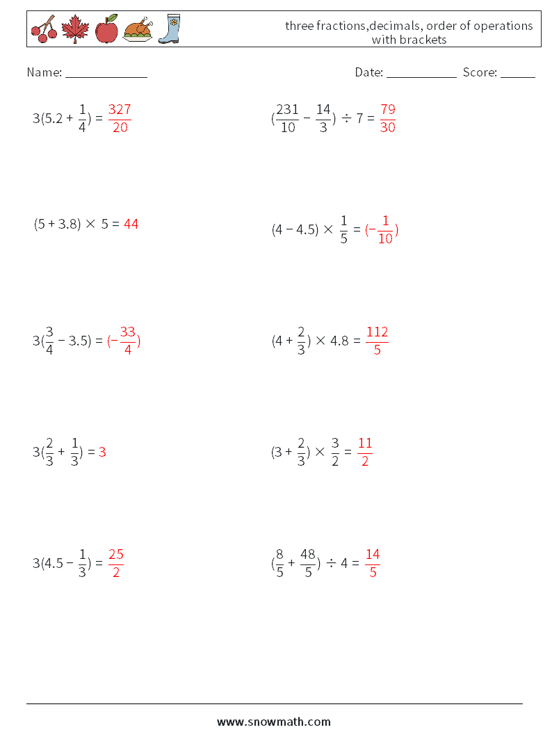 three fractions,decimals, order of operations with brackets Maths Worksheets 9 Question, Answer