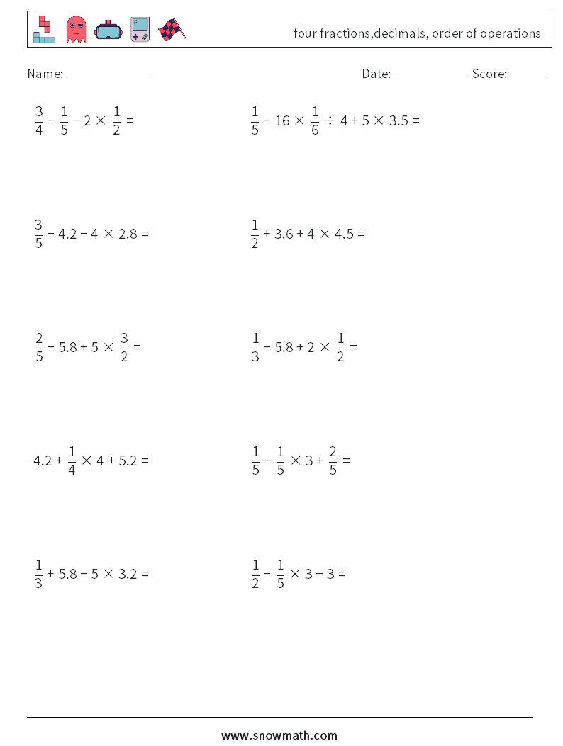 four fractions,decimals, order of operations Maths Worksheets 1