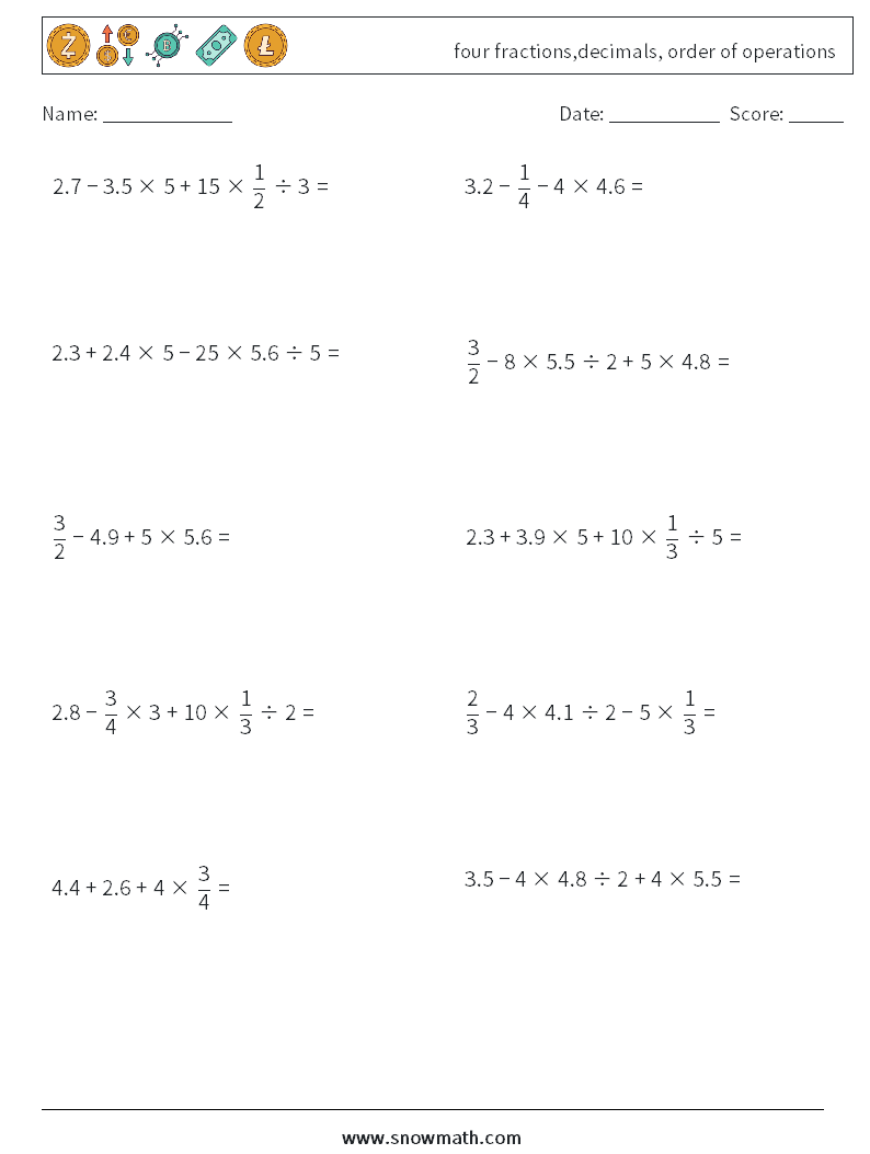 four fractions,decimals, order of operations Maths Worksheets 10