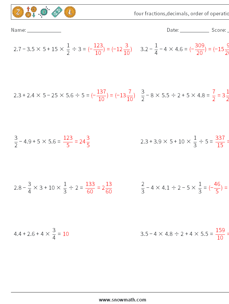 four fractions,decimals, order of operations Maths Worksheets 10 Question, Answer