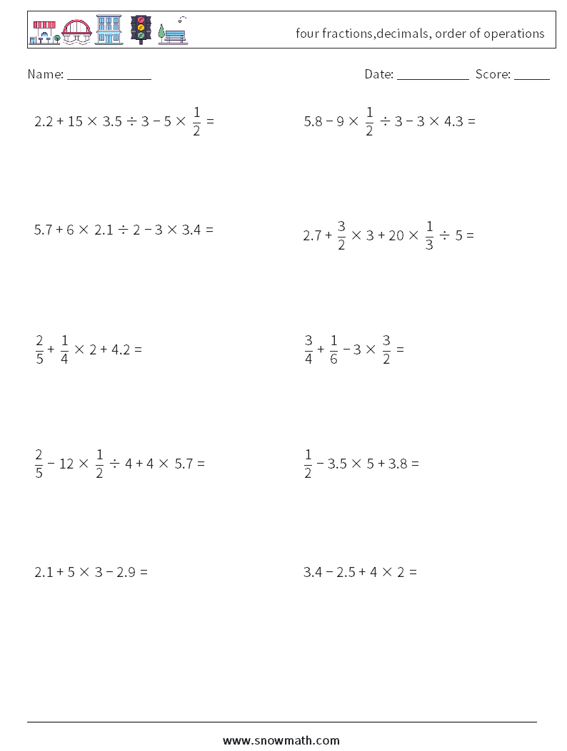 four fractions,decimals, order of operations Maths Worksheets 11